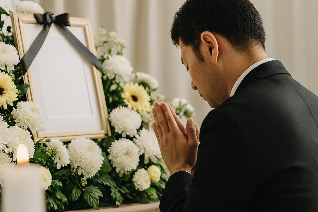 哀悼の誠を捧げる意味を表現した厳粛な花束と蝋燭の画像