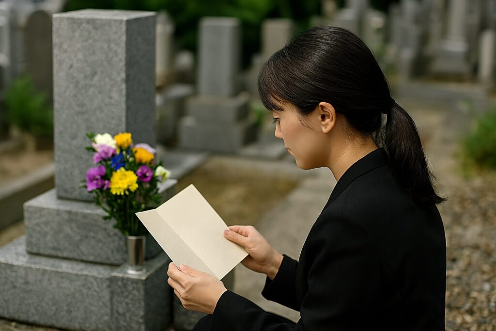 墓じまいを検討する家族の様子と墓石