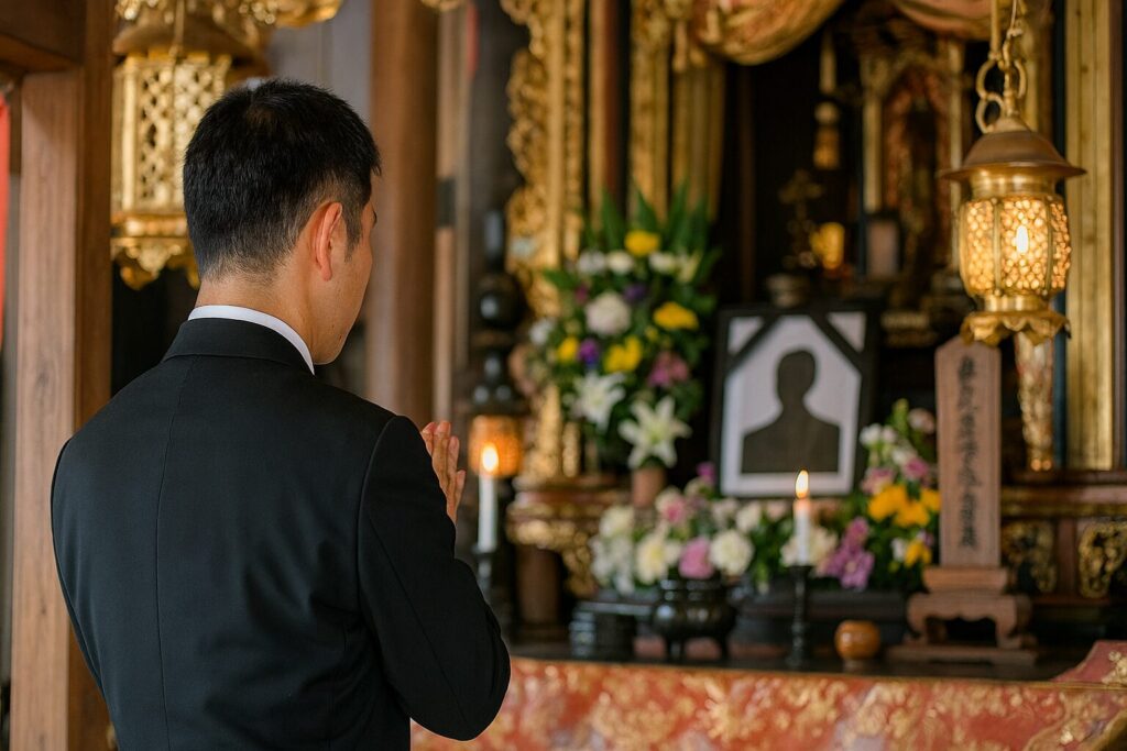 お寺の本堂で行われる一周忌法要の様子