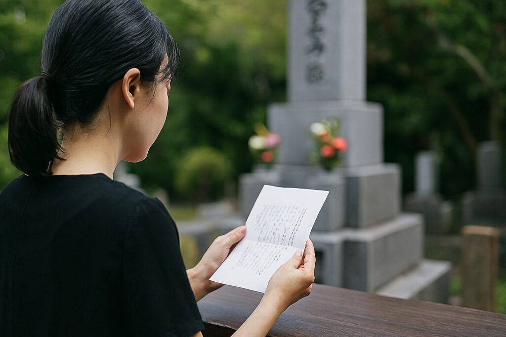 墓じまい案内状の書き方を示す手紙の例文とペン