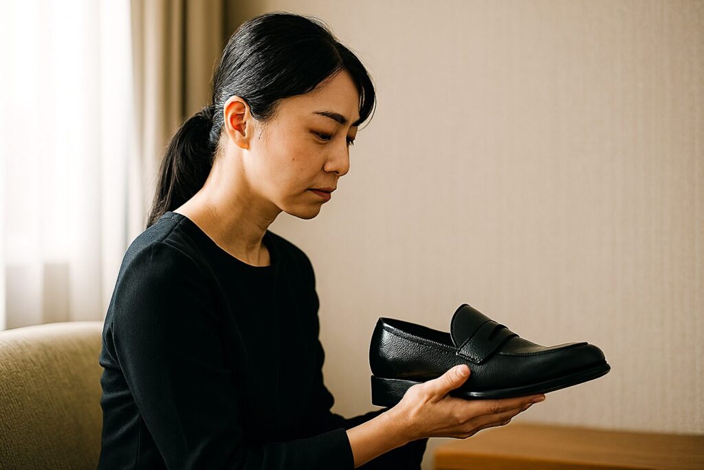 ユニクロの葬式用パンプスの商品画像とディスプレイ