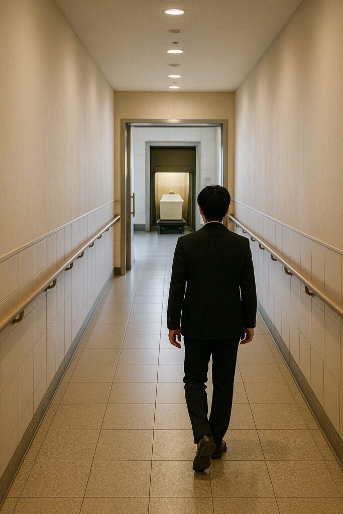 控室へ続く廊下を進む喪服の後ろ姿｜精神的負担の場面