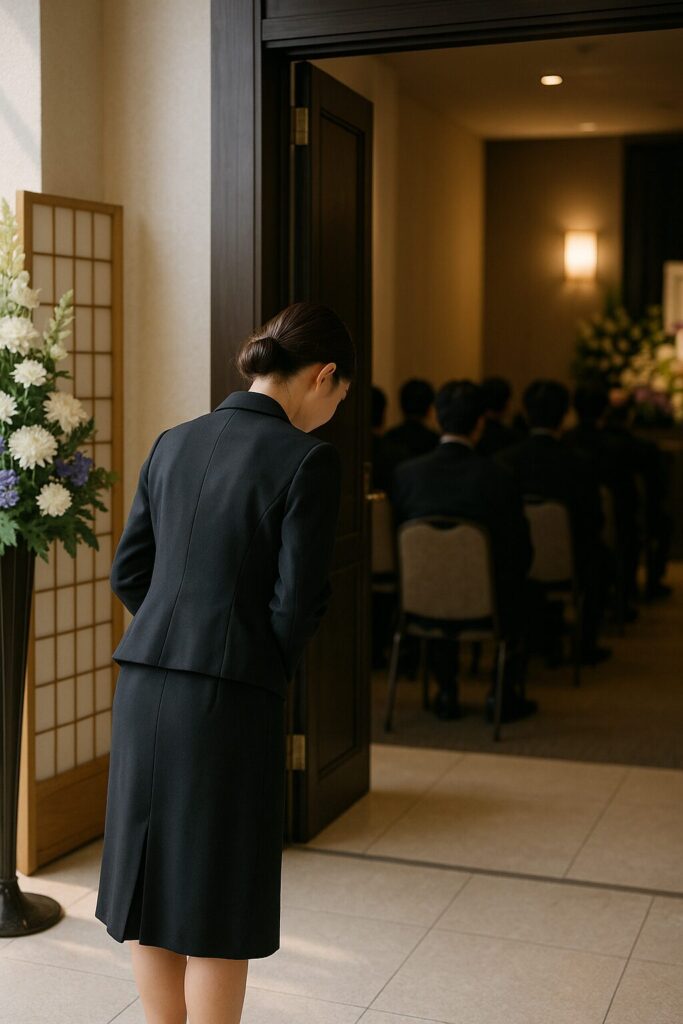 通夜の挨拶—喪主が長女の場合の立ち居振る舞いの例（会場での所作）