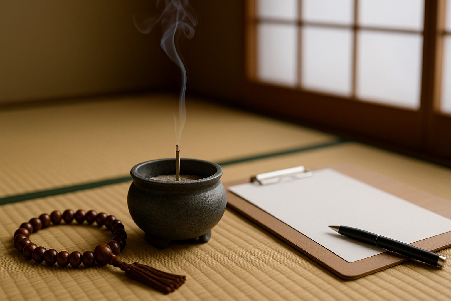 畳の上で線香をたいている