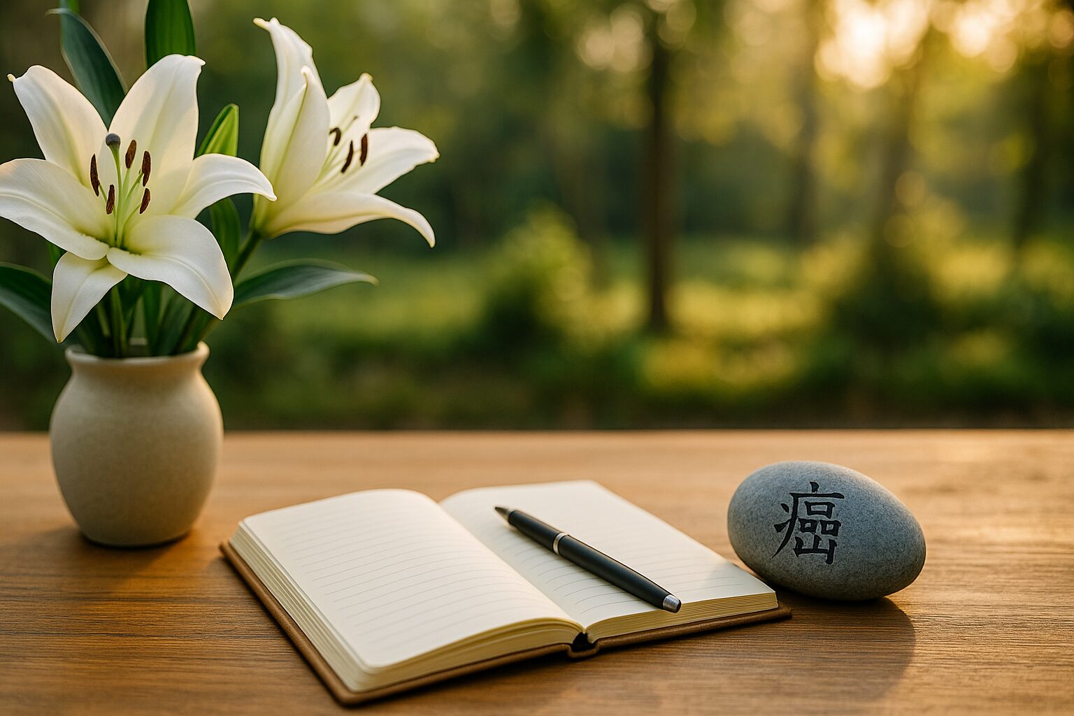 終活ブログと癌体験を象徴する机上のノートと百合