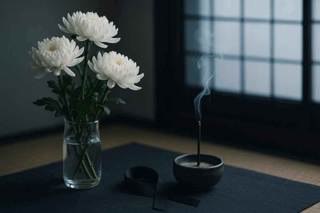 痛惜を象徴する菊と香炉の静かな供え