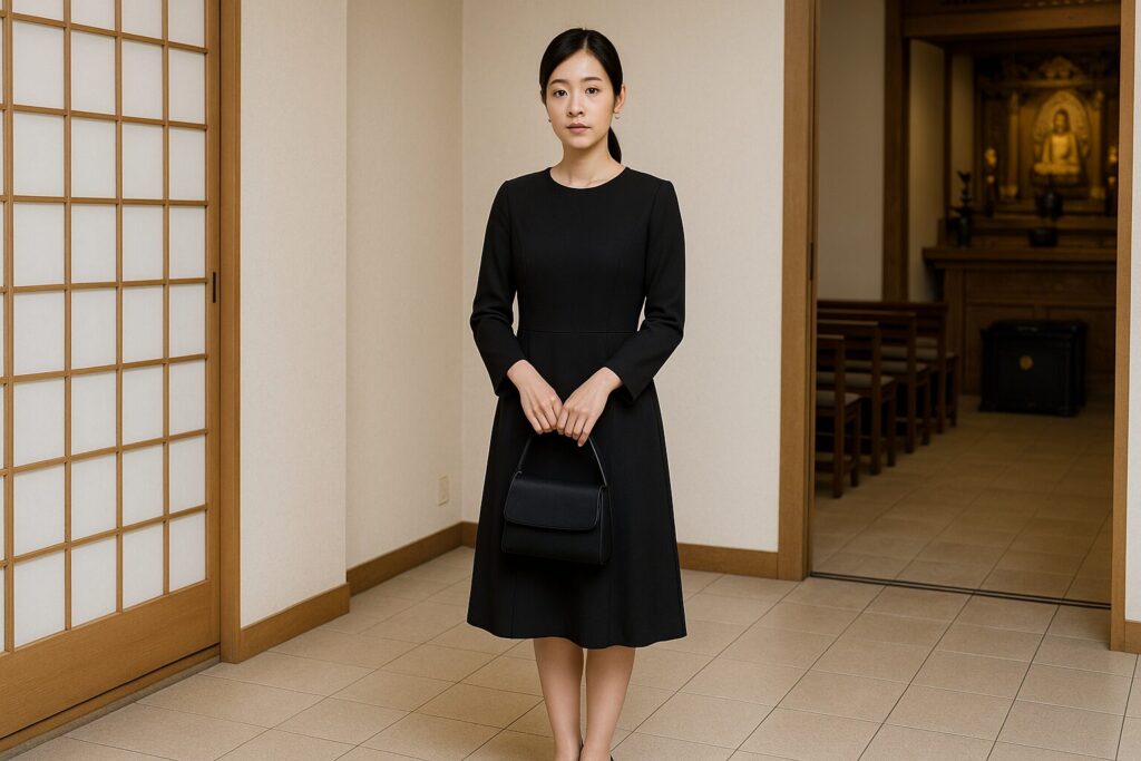 法事の平服はユニクロでも大丈夫?NG例と正しい組み合わせを徹底解説|落ち着いた無地のダークカラーで小物は光沢なし