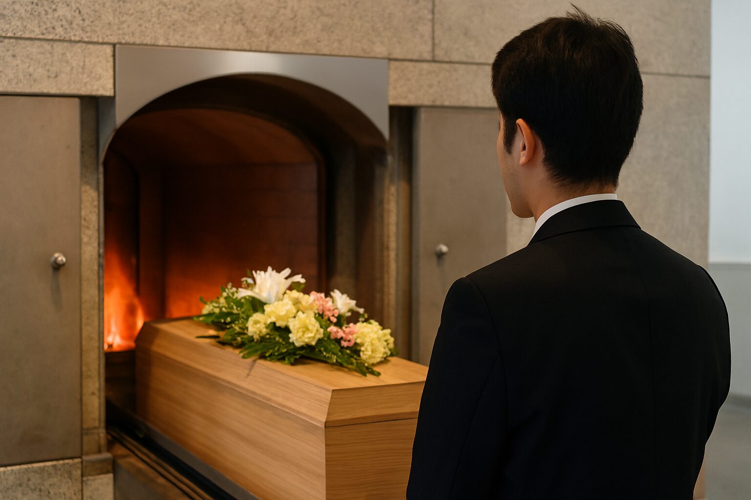 火葬場炉前で佇む日本人男性