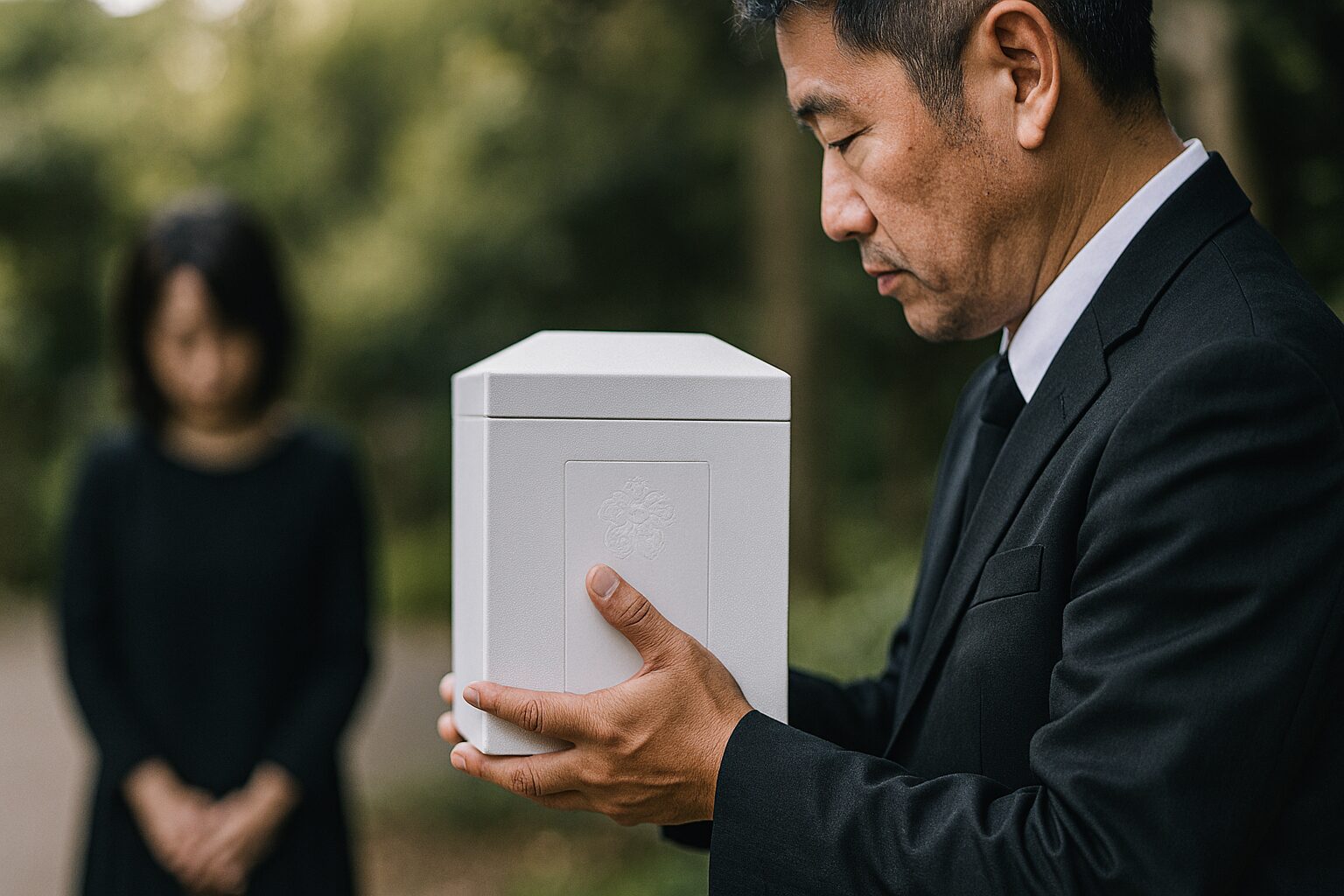 遺骨の箱を持つ日本人男性