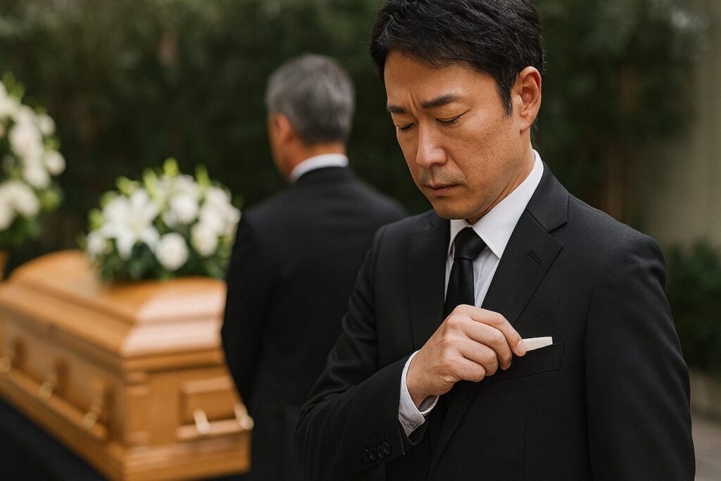 葬式スーツの胸元、ポケットチーフなし