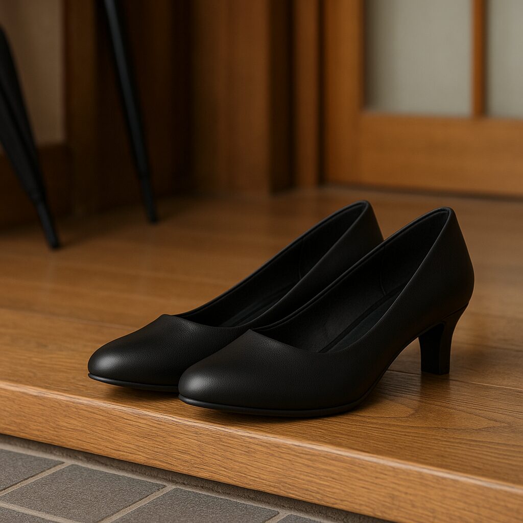 葬式用の女性靴はGUでOK？失敗しない選び方とおすすめモデルのイメージ（黒のマットなローヒールパンプス）