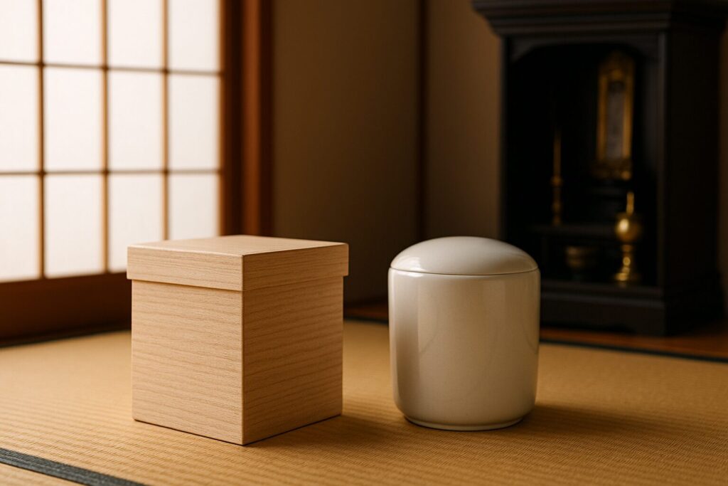 桐製の遺骨の箱と骨壷を安置
