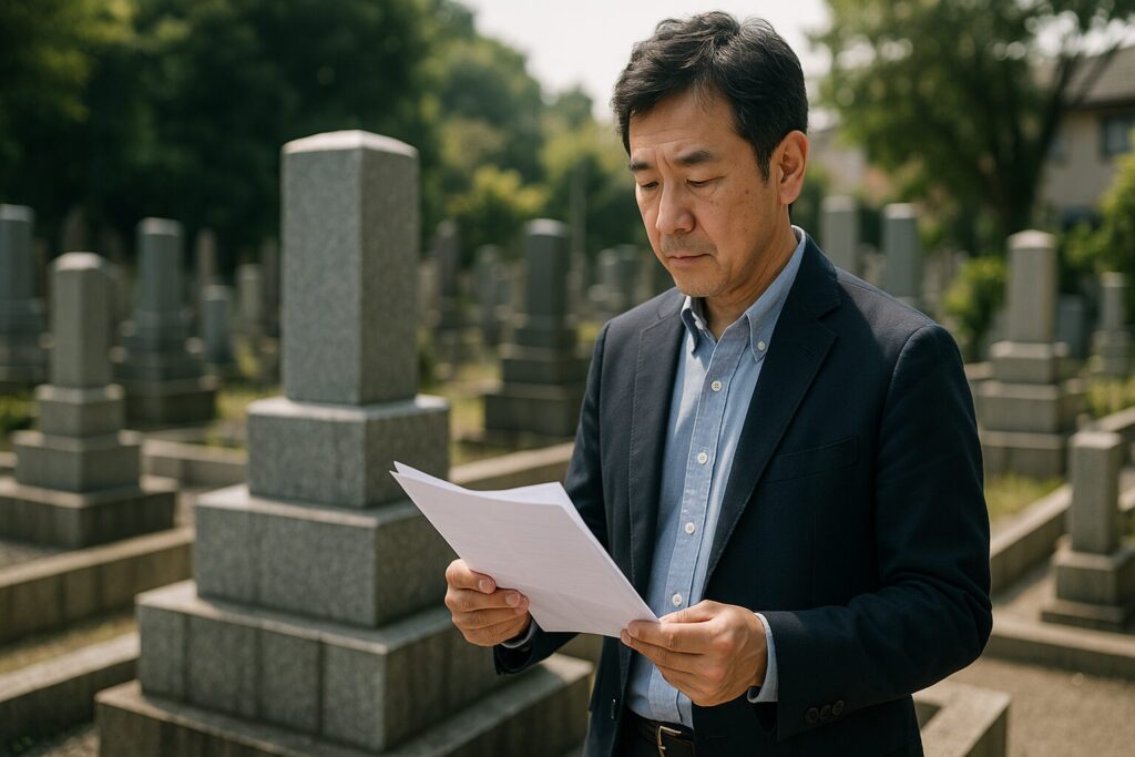 墓じまいの相見積もりで迷わないための基本を象徴する、墓地に置かれた書類と計算機の写真