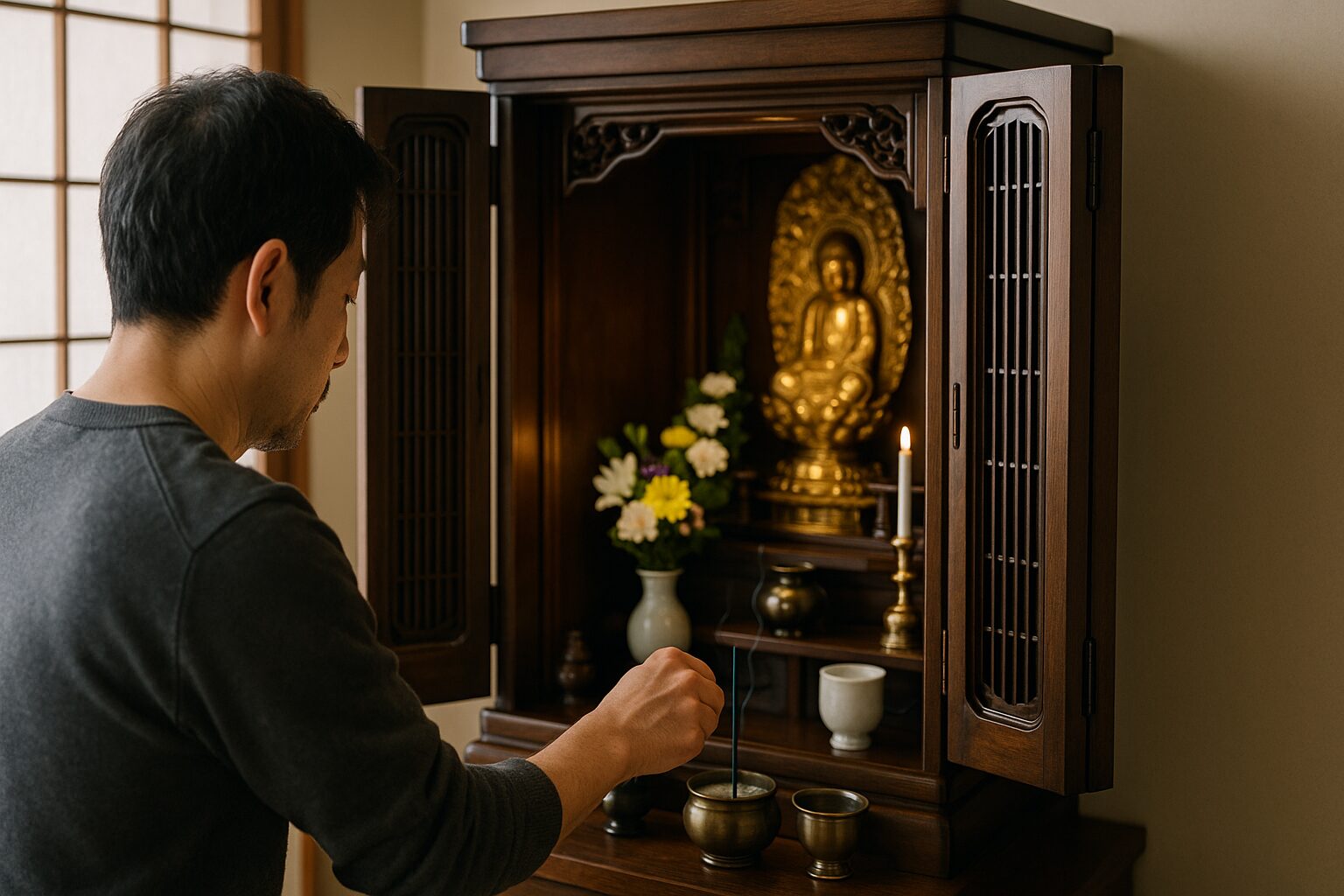 仏壇 線香 一日何回を示す日本人男性の供養