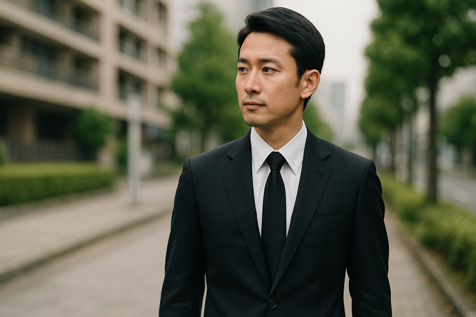 青木礼服メンズを着た日本人男性の立ち姿