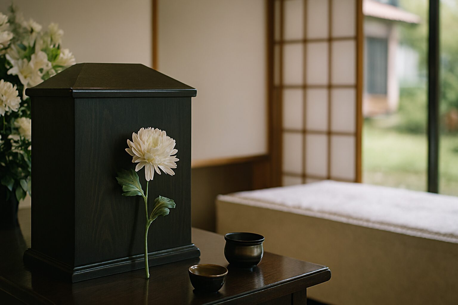 曾祖母忌引きで供花と線香が漂う