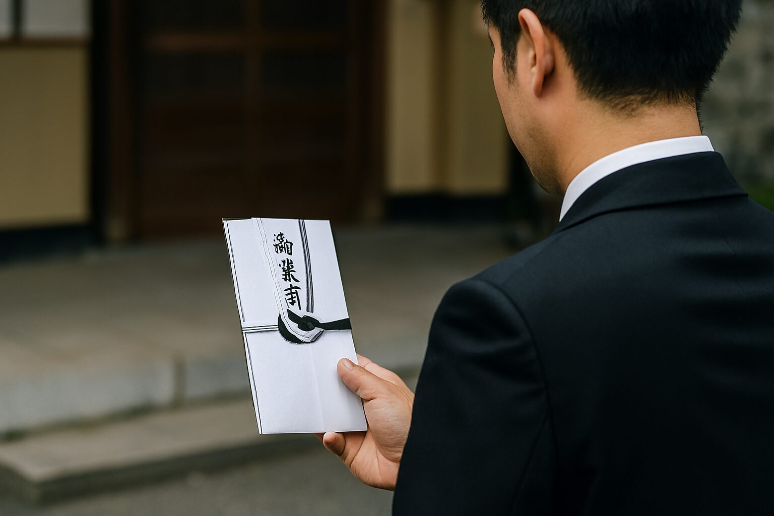 香典を手にする日本人男性の後ろ姿