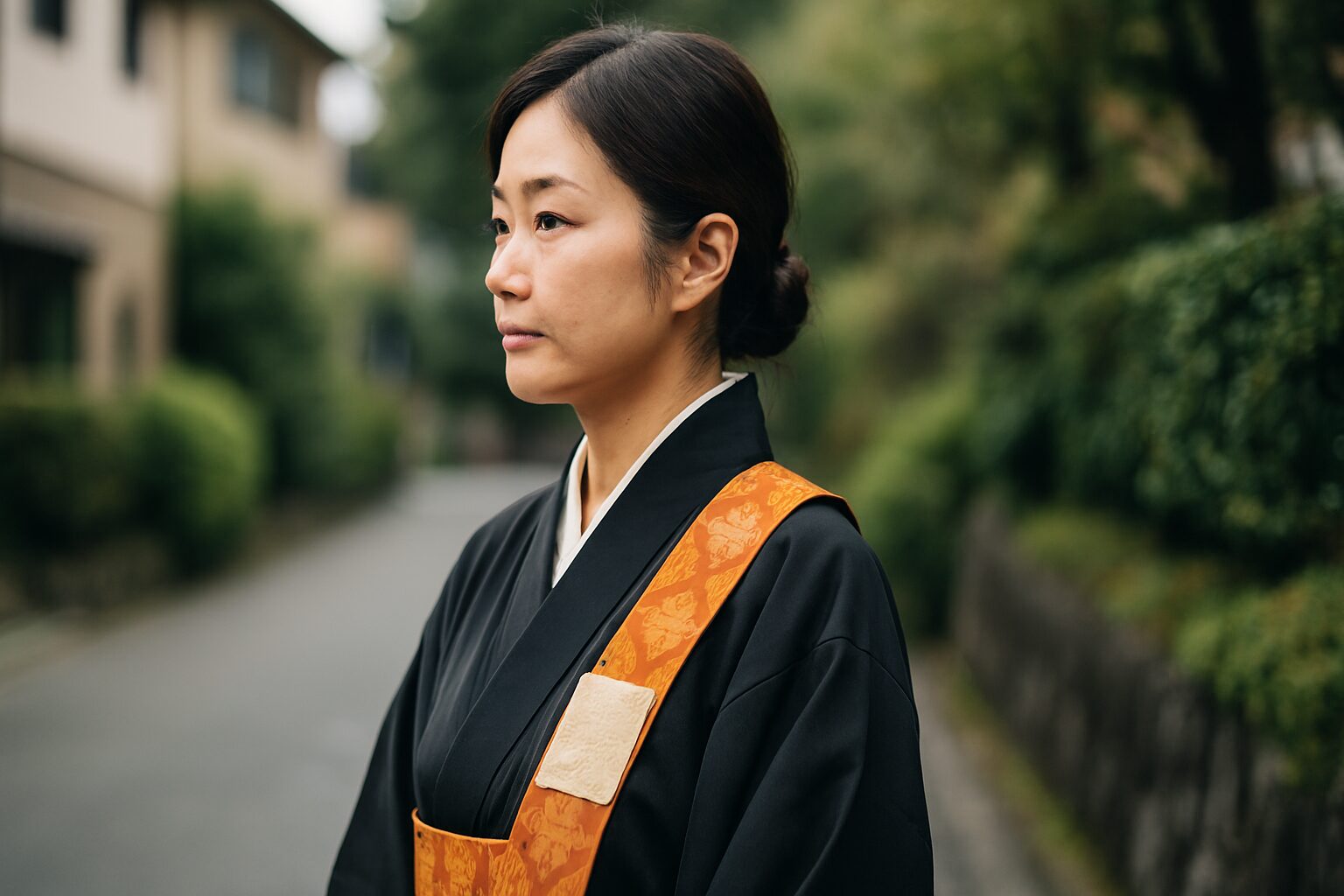 輪袈裟を肩にかけた日本人女性