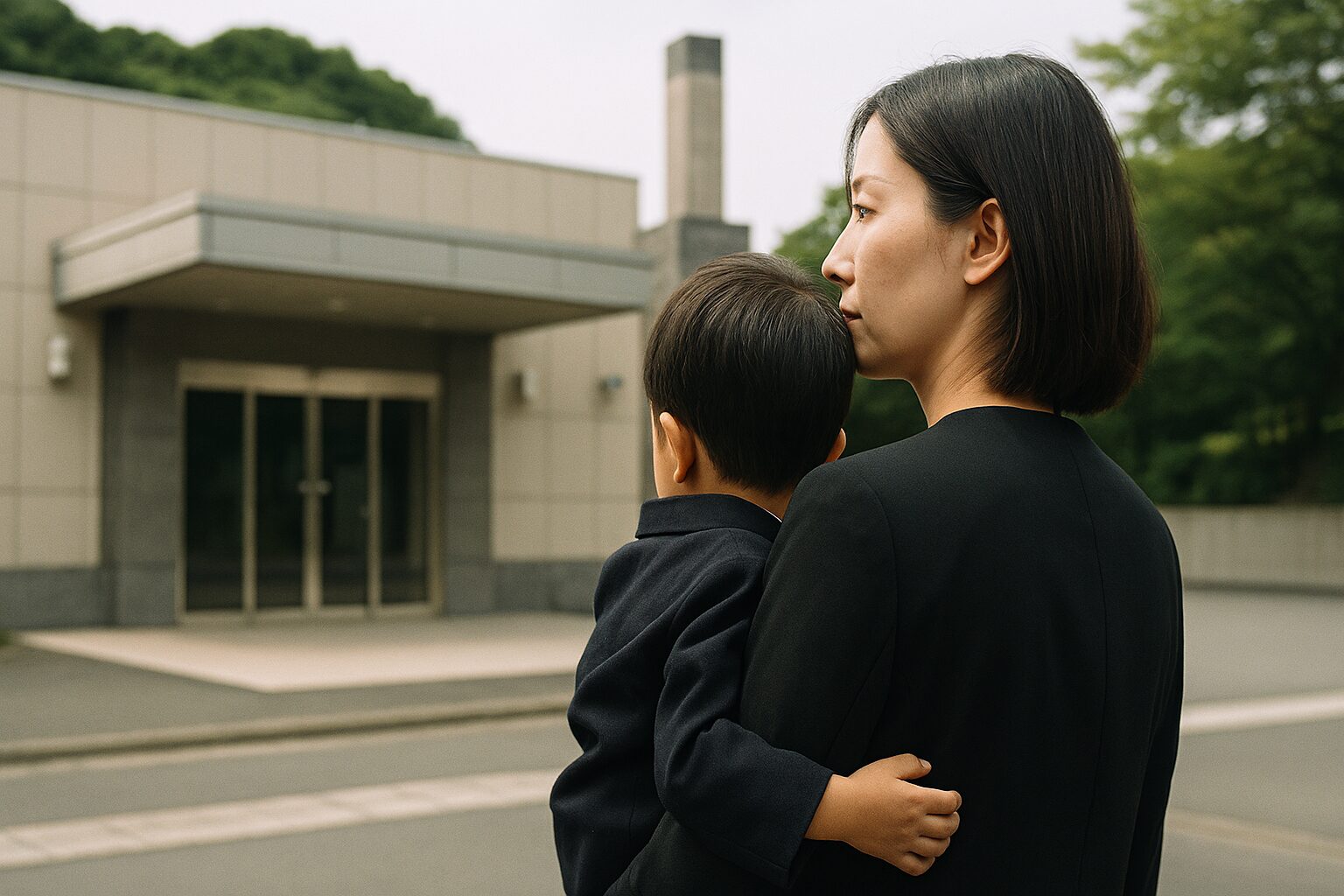 火葬場行かない孫を抱く女性