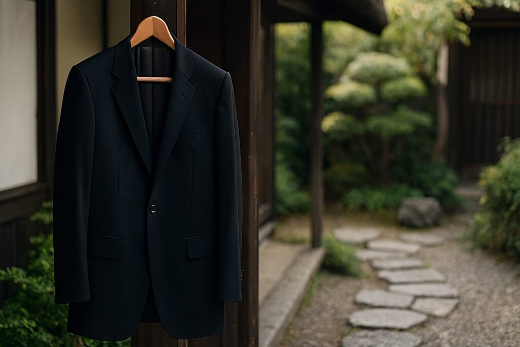 青木礼服メンズを着た日本人男性の立ち姿