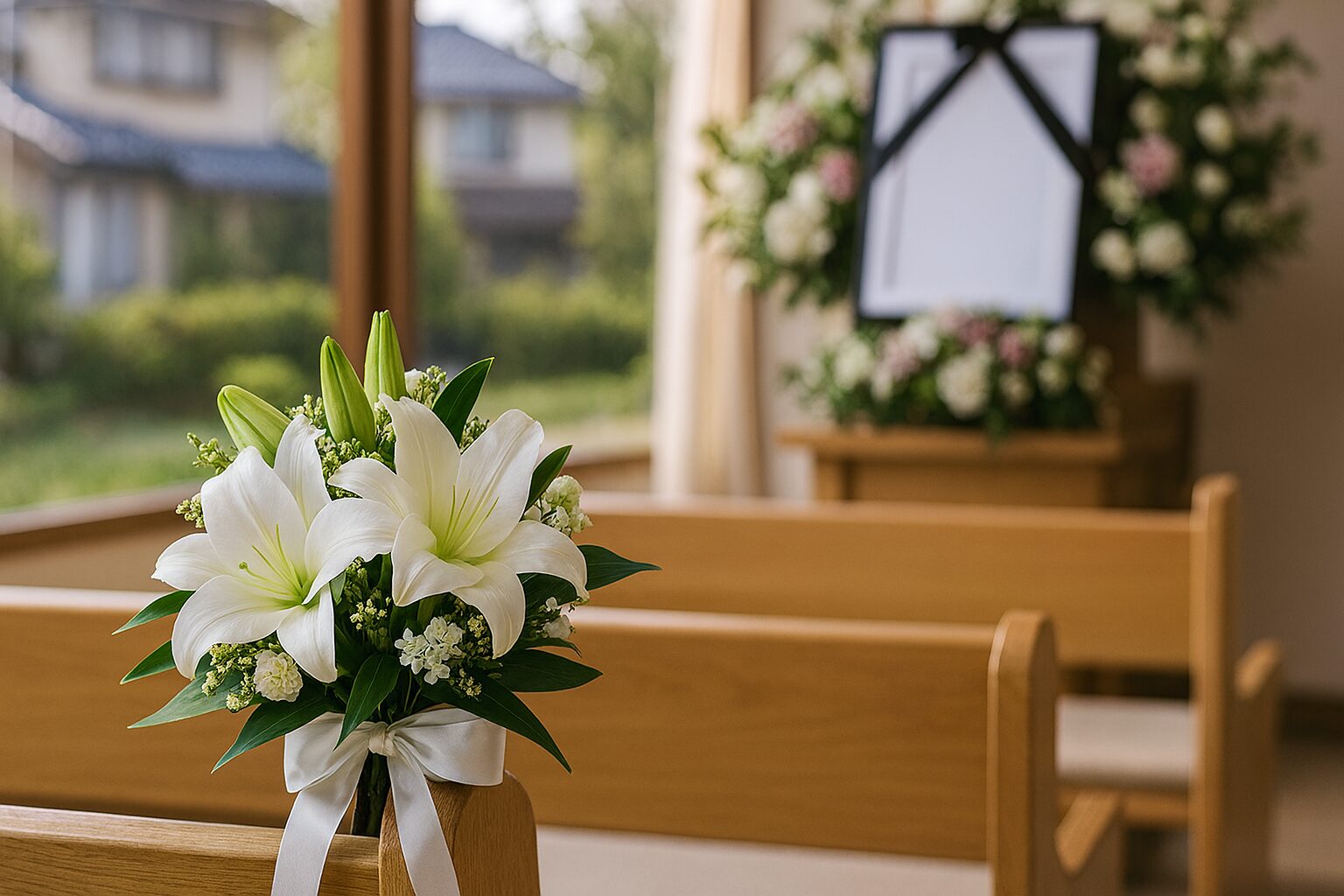 家族葬 孫の嫁を象徴する白百合と供花
