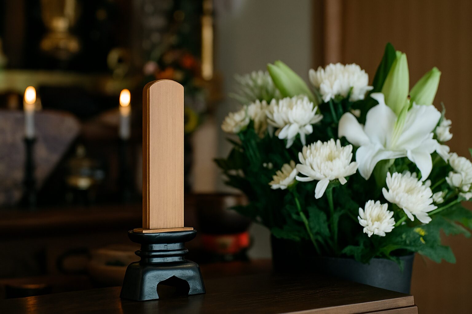 戒名を象徴する苔むした石塔と線香台