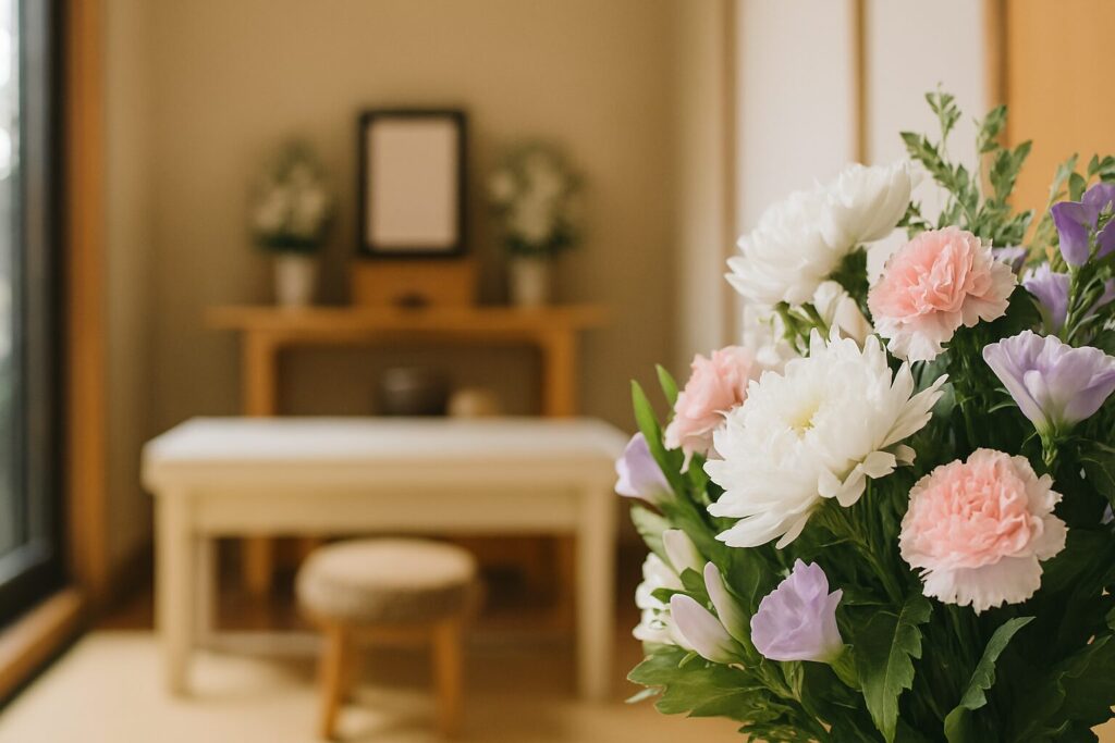 家族葬で孫が花を手配する場面