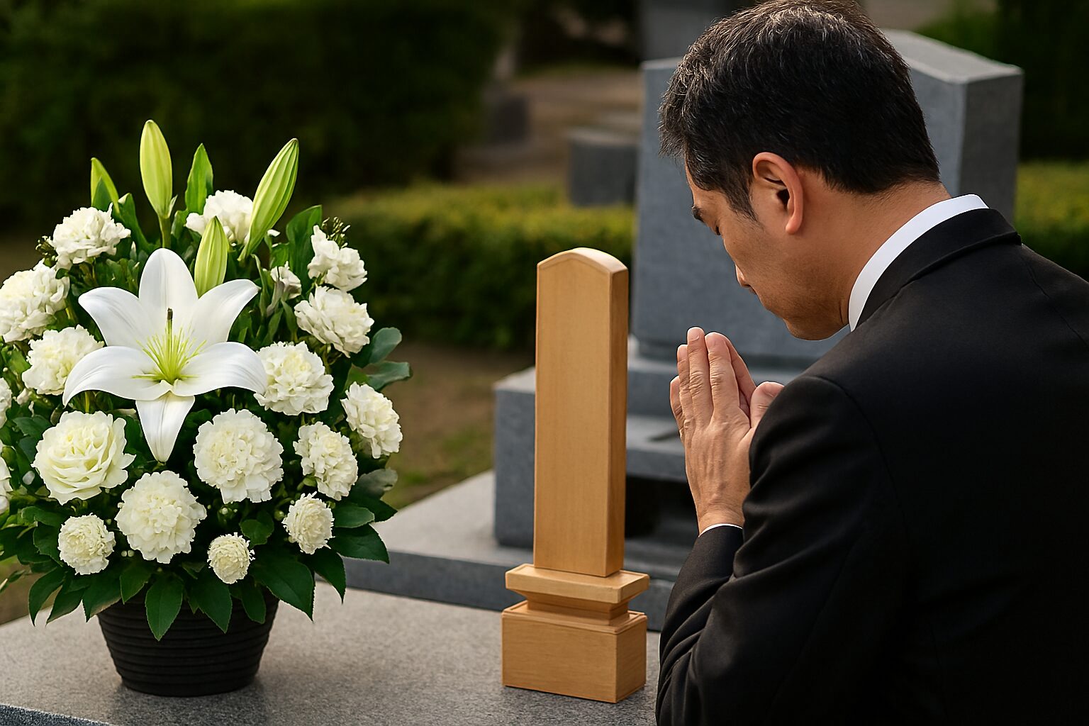 葬式で孫一同が花を供える場面