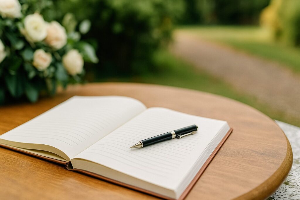 芳名録に記入する日本人男性の後ろ姿