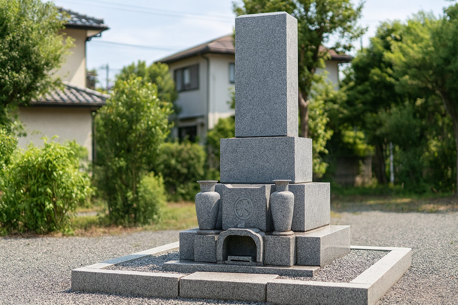 宅墓地に整然と並ぶ石墓と植栽