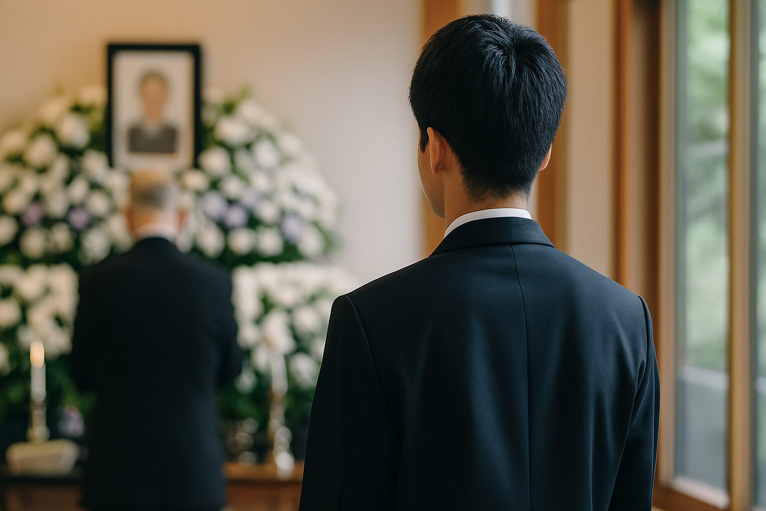 高校生葬式ブレザーを見つめる日本人男性