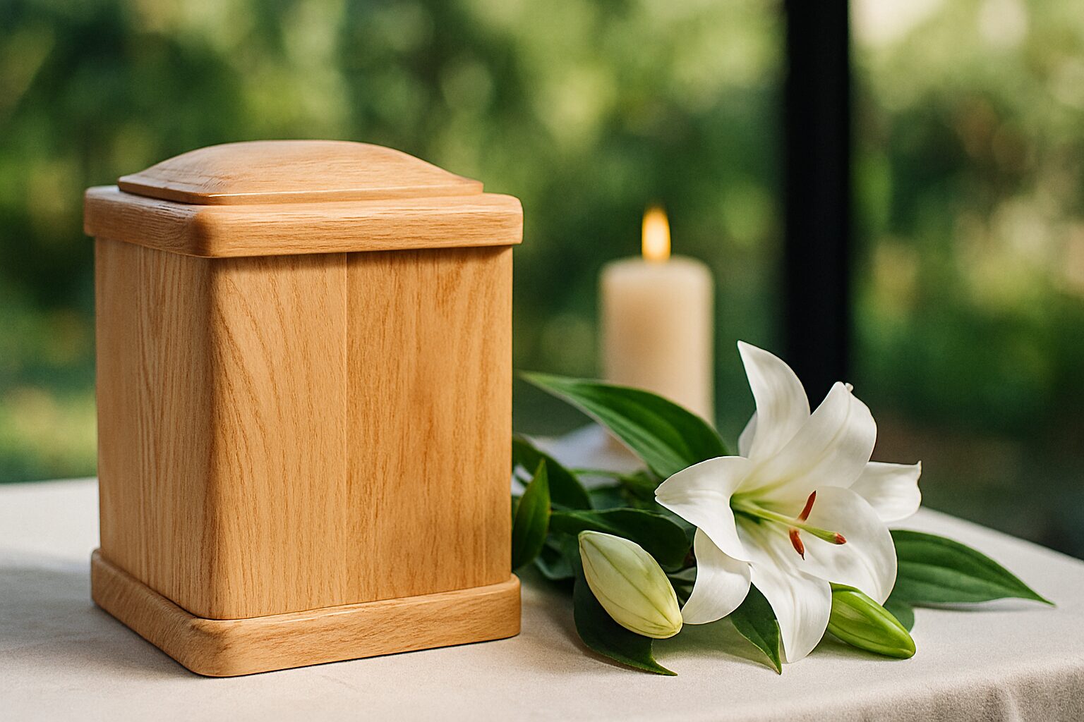 終活を象徴する白菊と骨壺と自然光