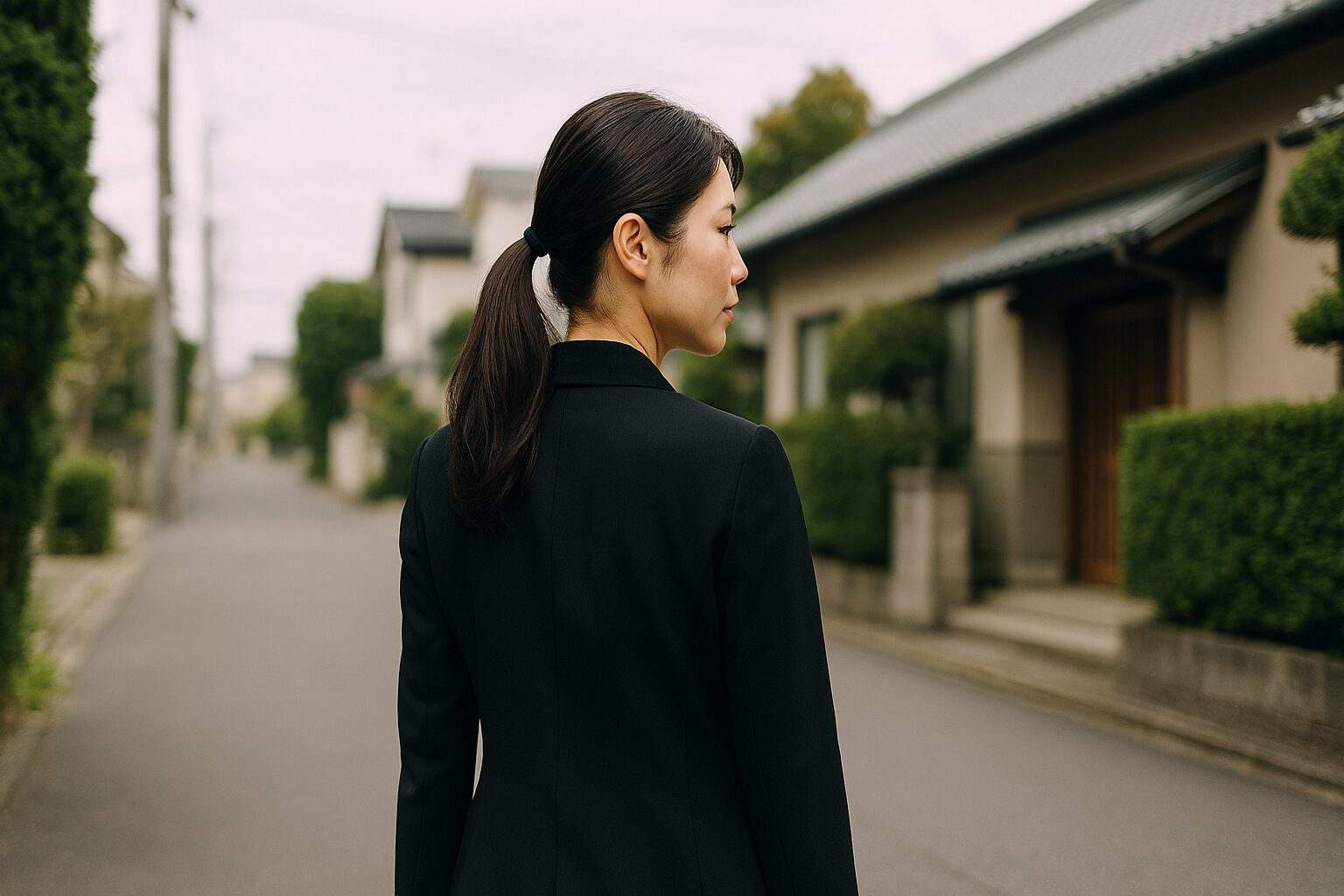 略礼服ユニクロ風の黒スーツ姿の女性