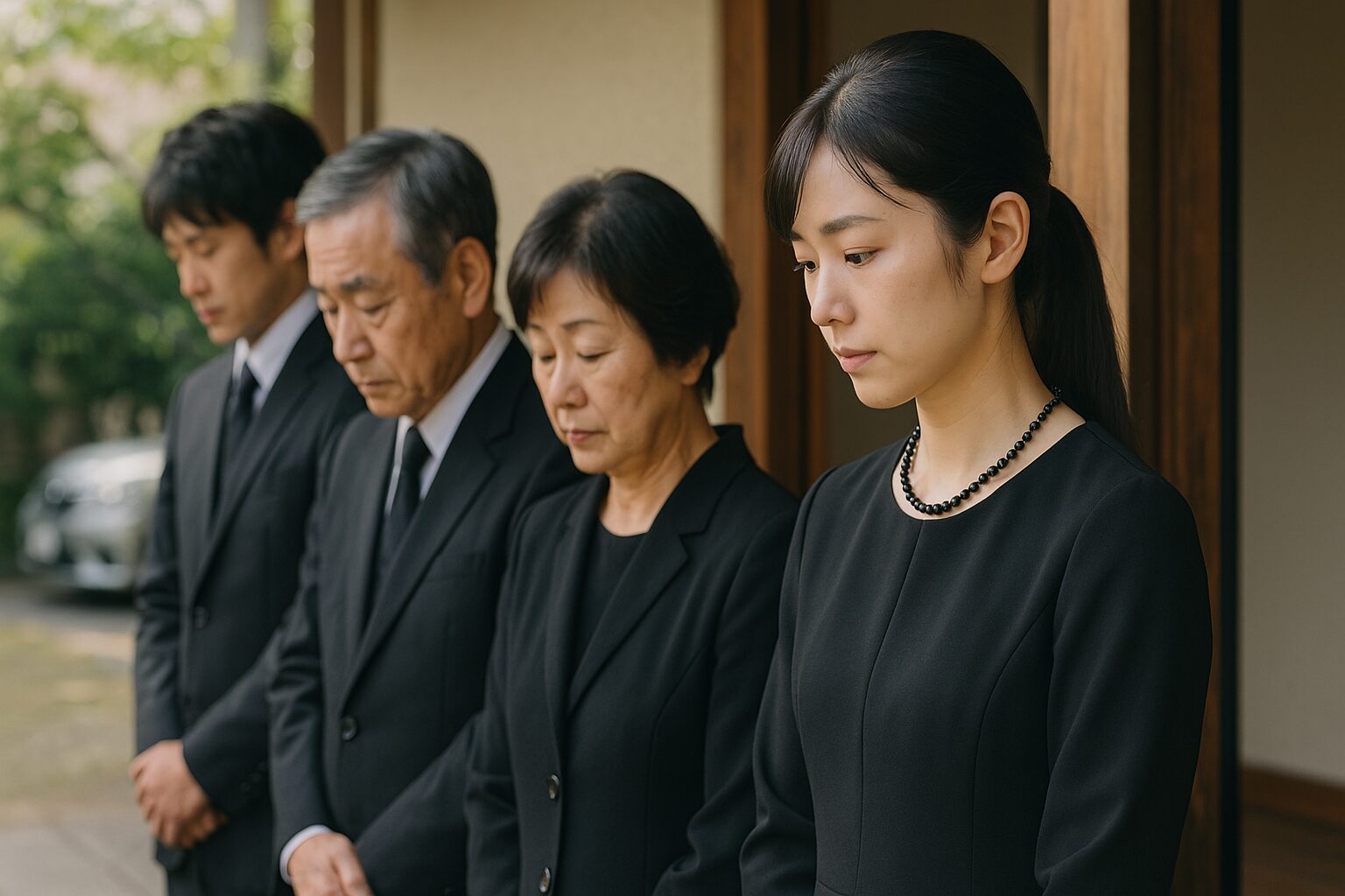 仮通夜服装で並ぶ日本人女性たち