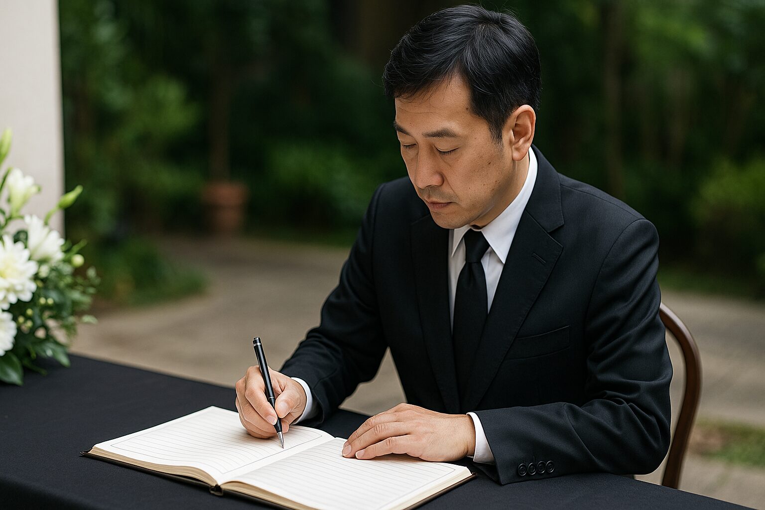 芳名録に記入する日本人男性の後ろ姿