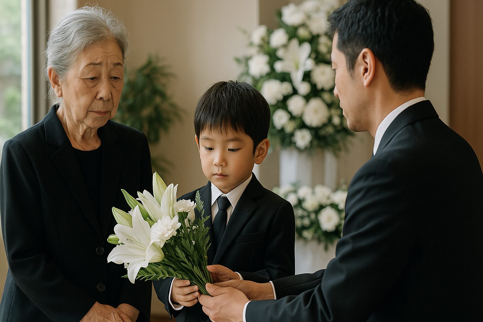 家族葬で孫が花を受け取る場面