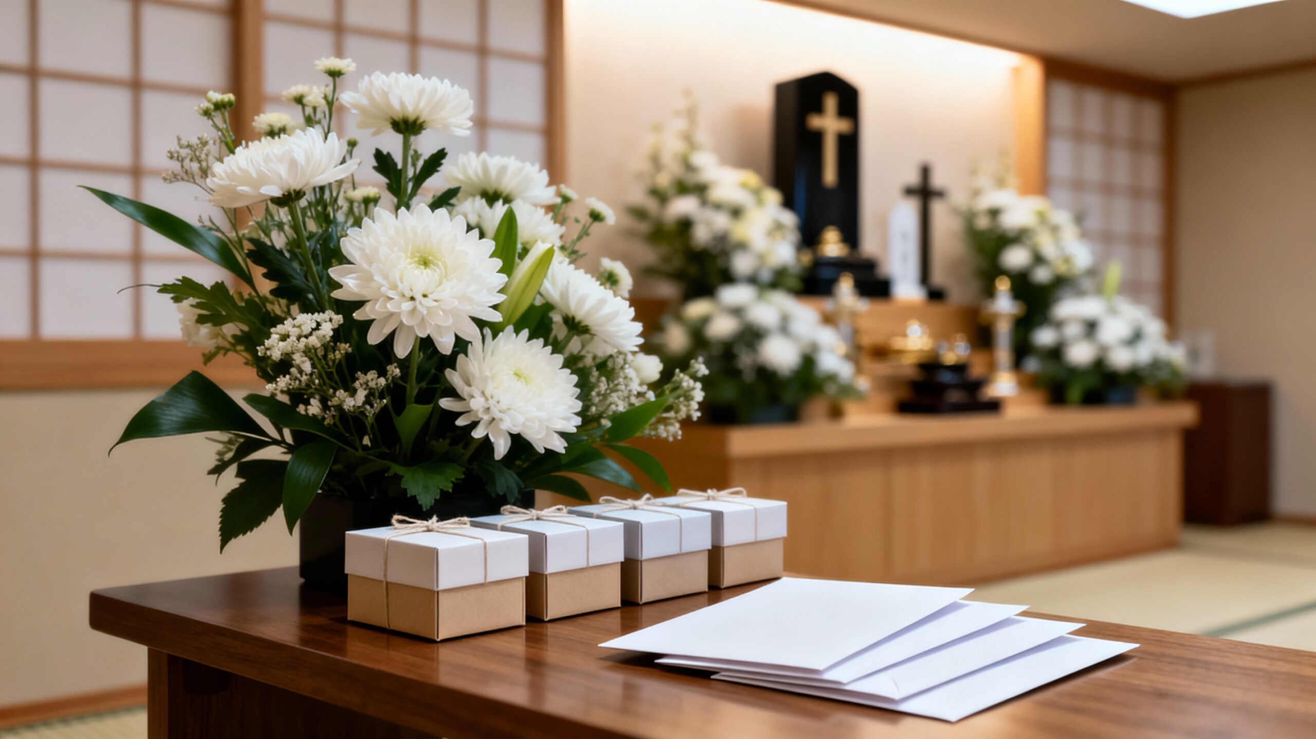 葬儀で息子が渡す香典を象徴する供花と封筒