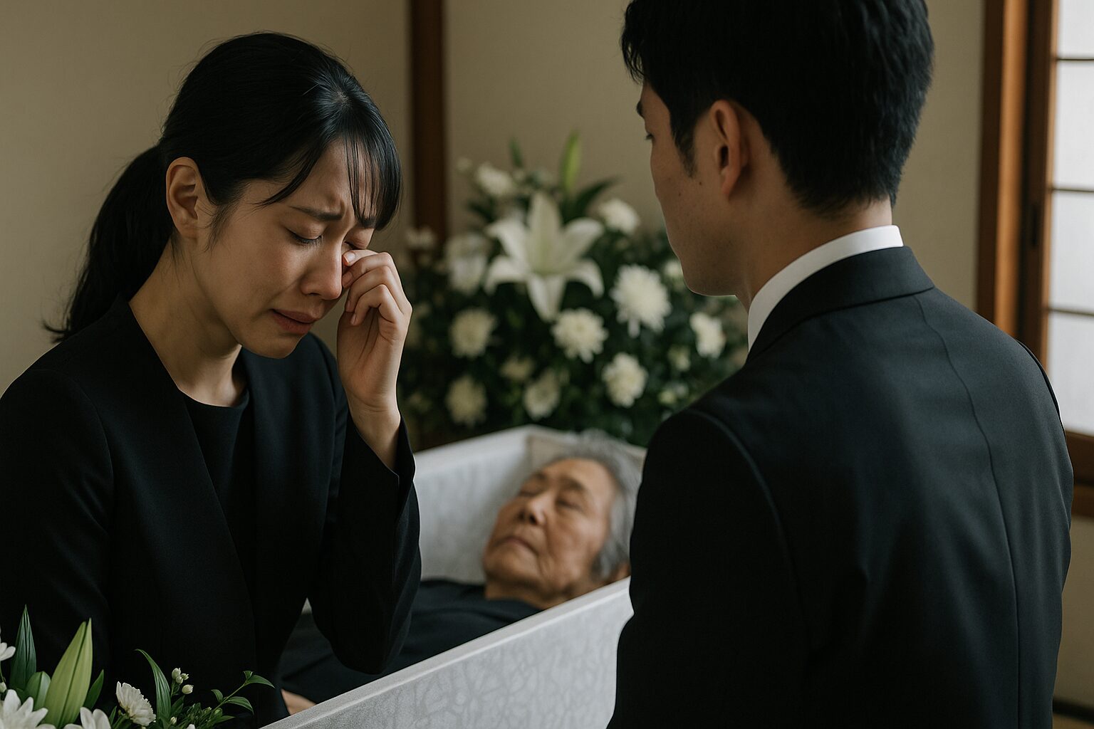 旦那の祖母が亡くなった嫁が涙を拭う場面