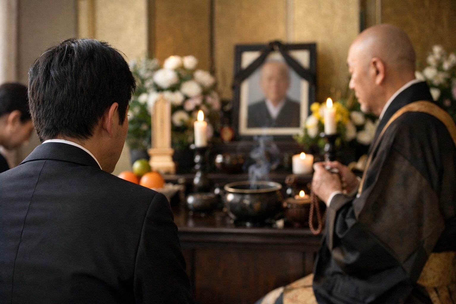日本人男性が供養準備を整える場面