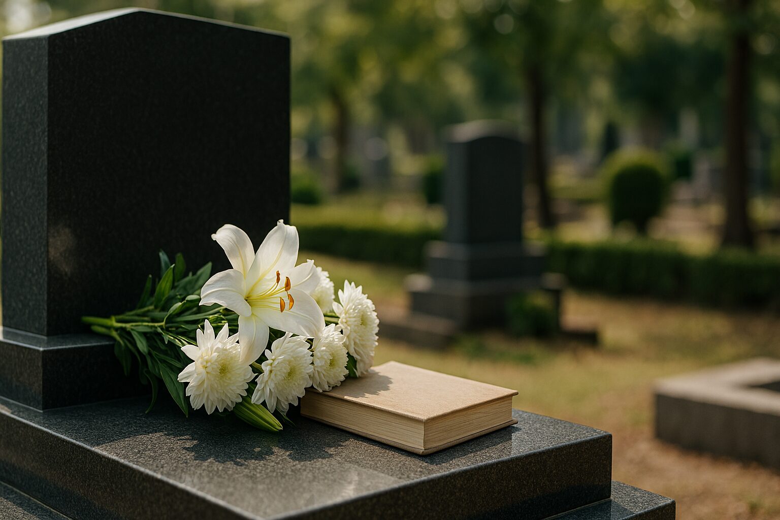 弔辞 孫 30代 例文を象徴する墓前の花と静かな本