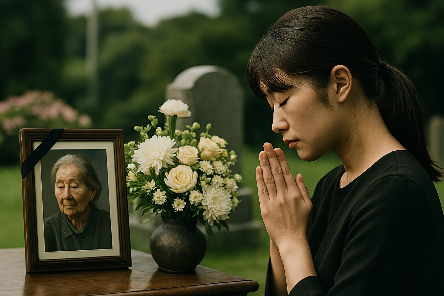 ひいおばあちゃん忌引きで祈る女性