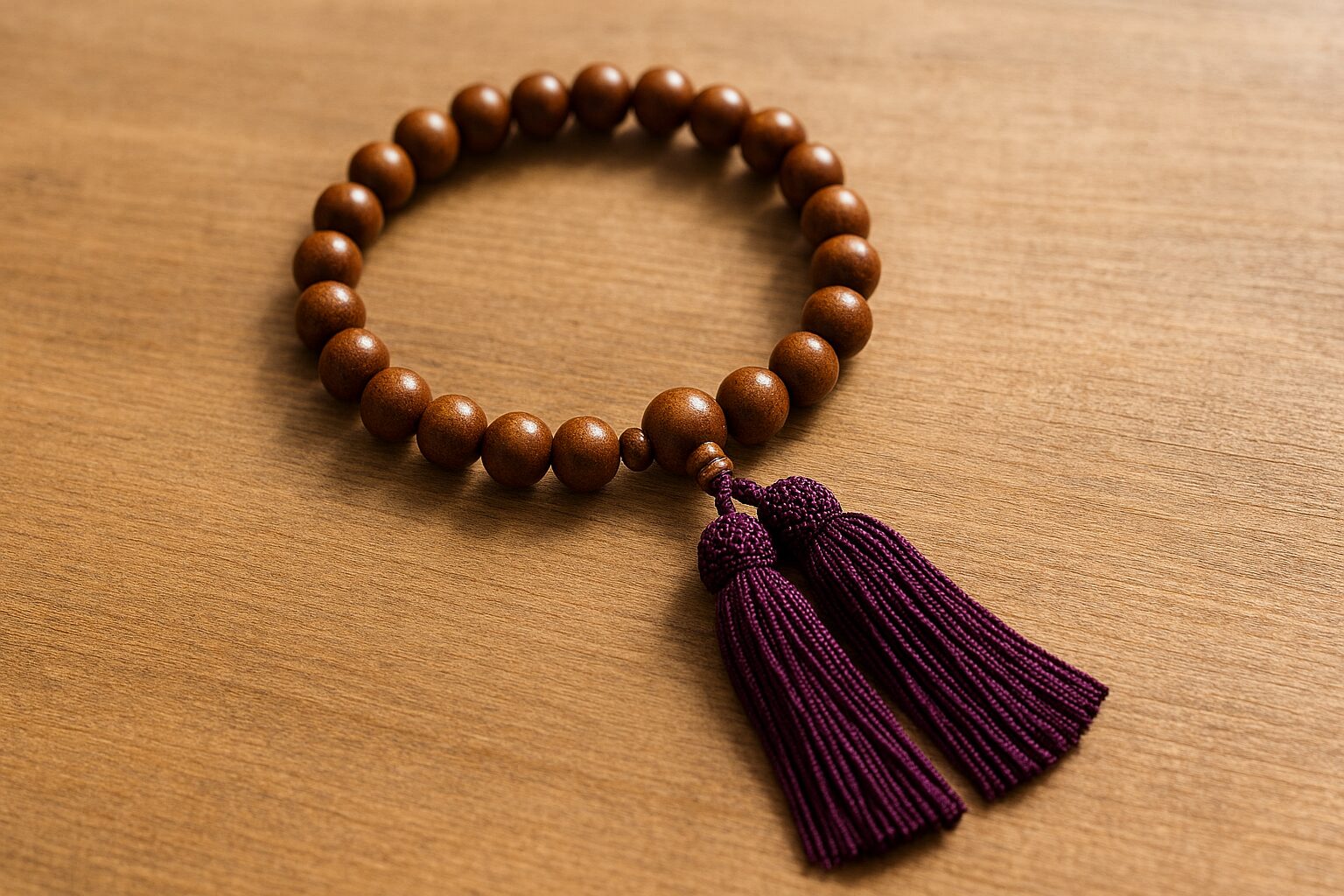 数珠 ダイソーを和室の木机に置く