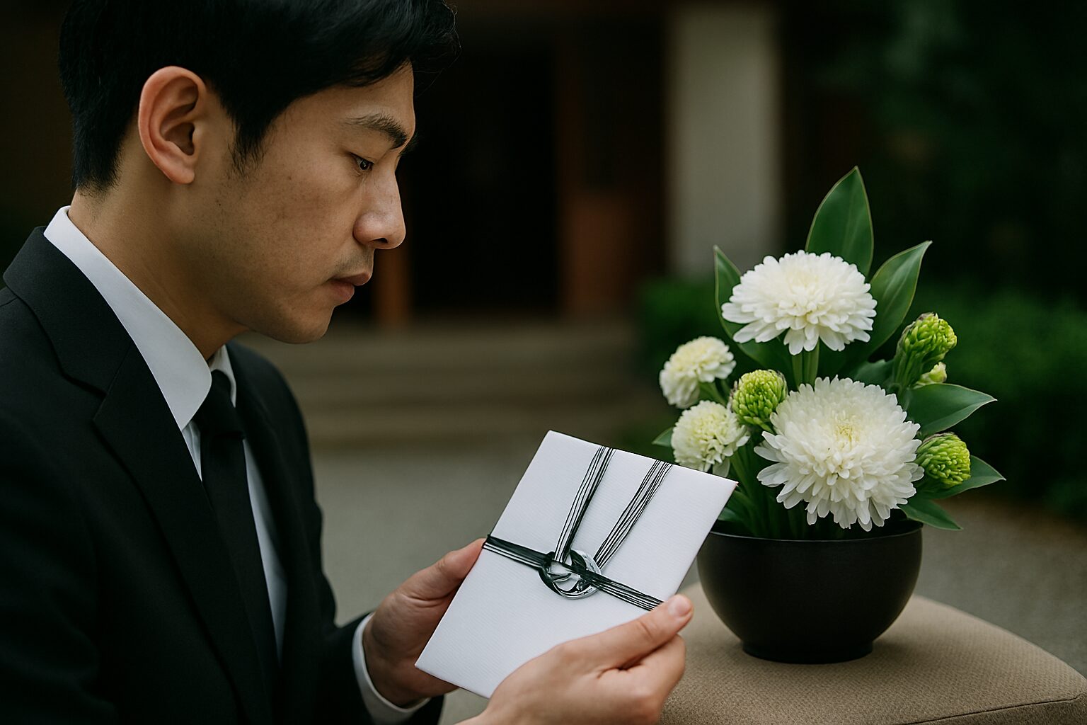 香典を手に葬儀に向かう孫夫婦の男性