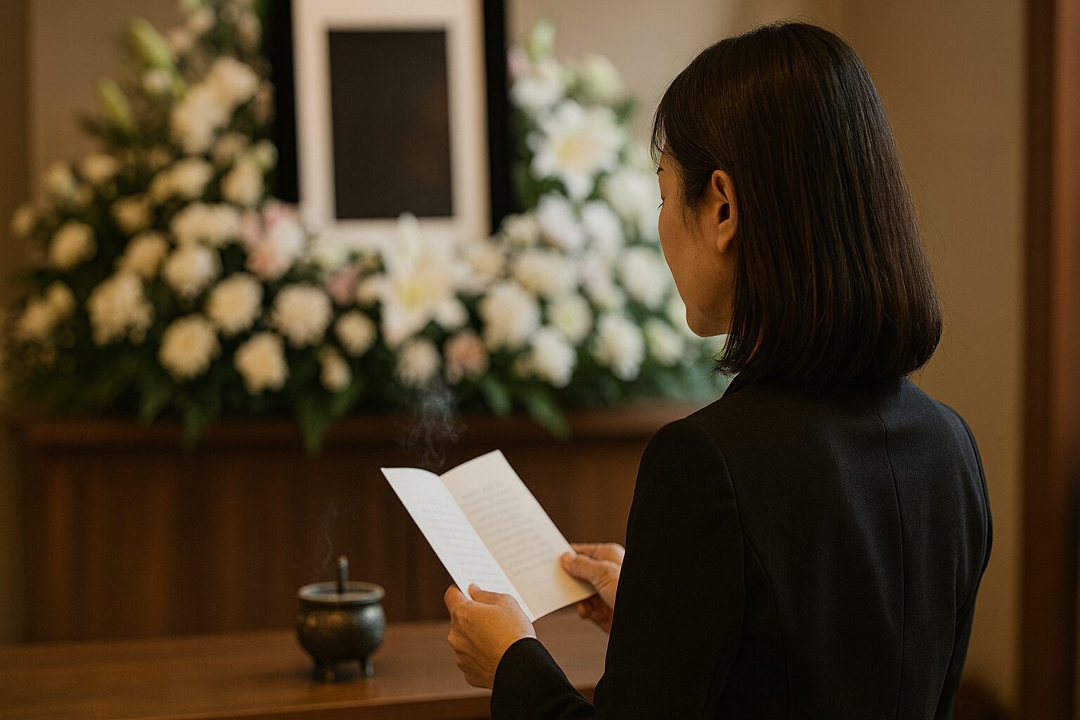 孫 代表弔辞 孫 40代例文を象徴する女性と祭壇の花