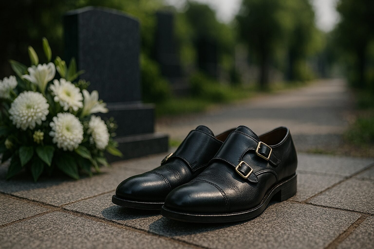 葬儀で使う黒靴と金具が並ぶ