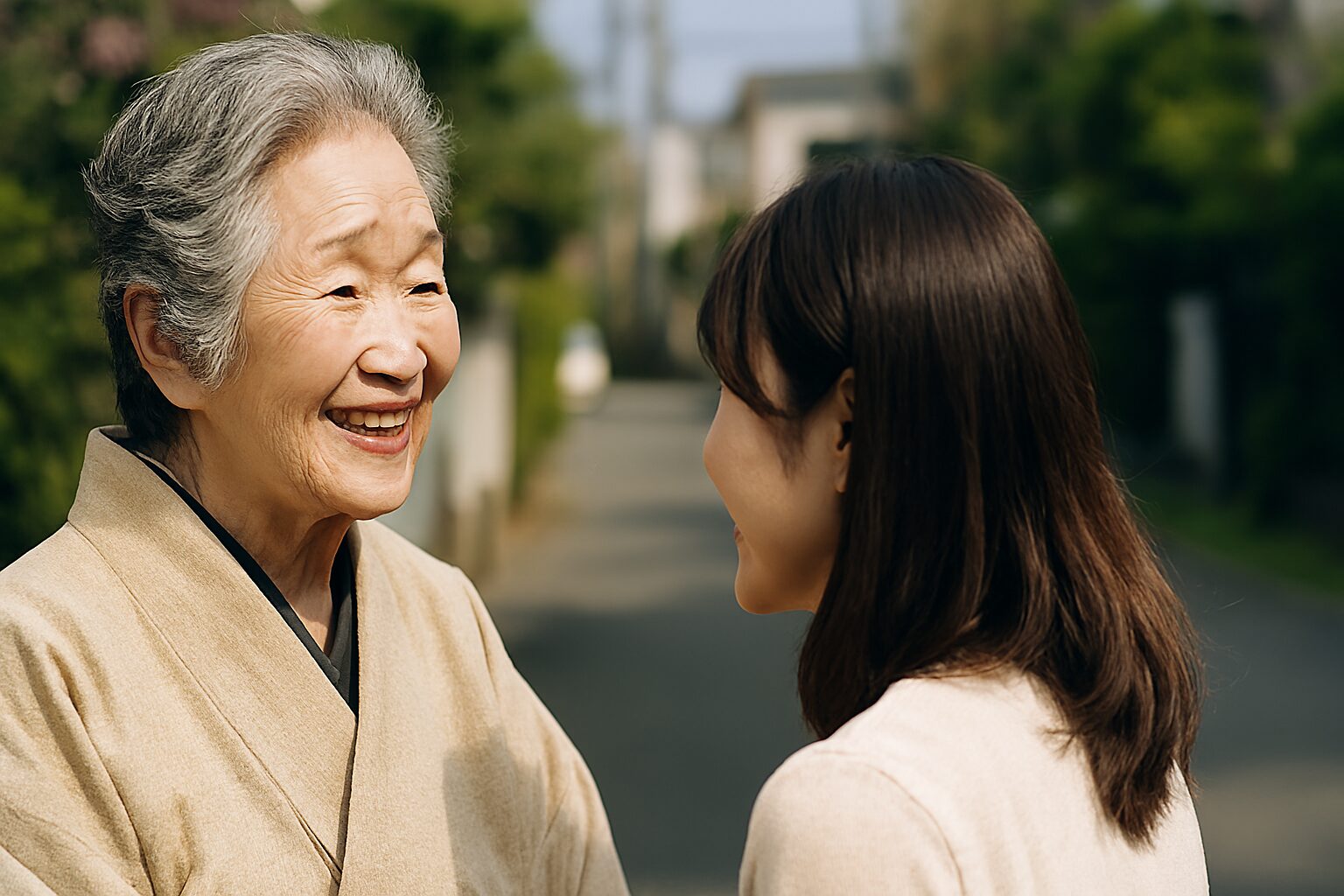 祖母と挨拶を交わす娘
