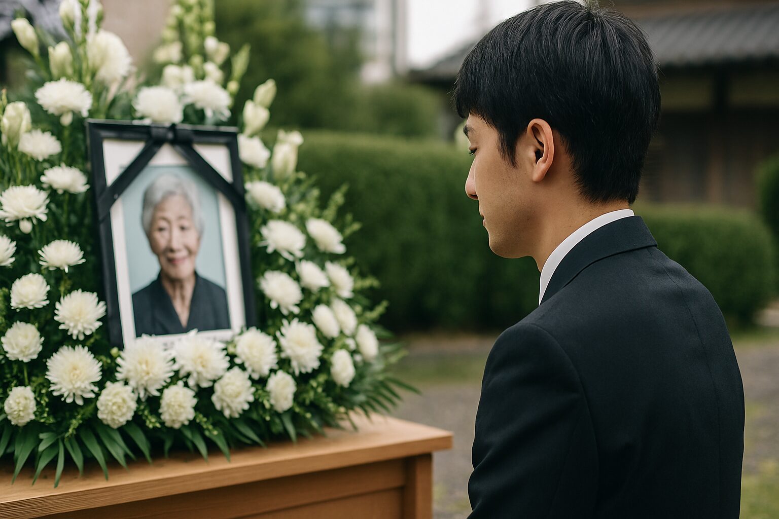 葬儀で孫一同が花を捧げる日本人男性