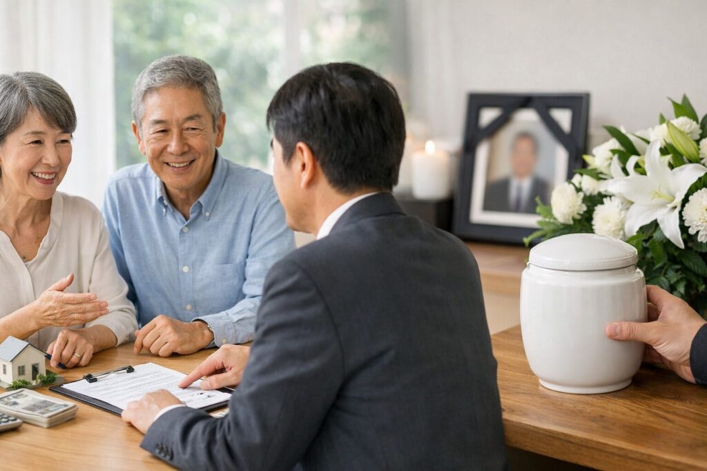 日本人男性が終活と相続の窓口で相談する様子（口コミ）