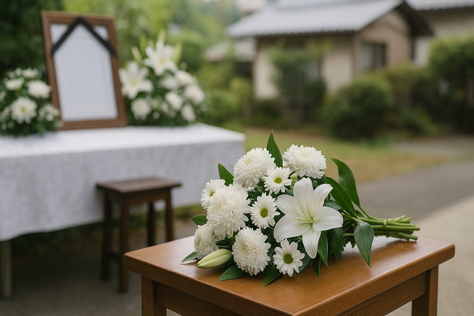 墓石の前に孫から送られた供花が置かれている