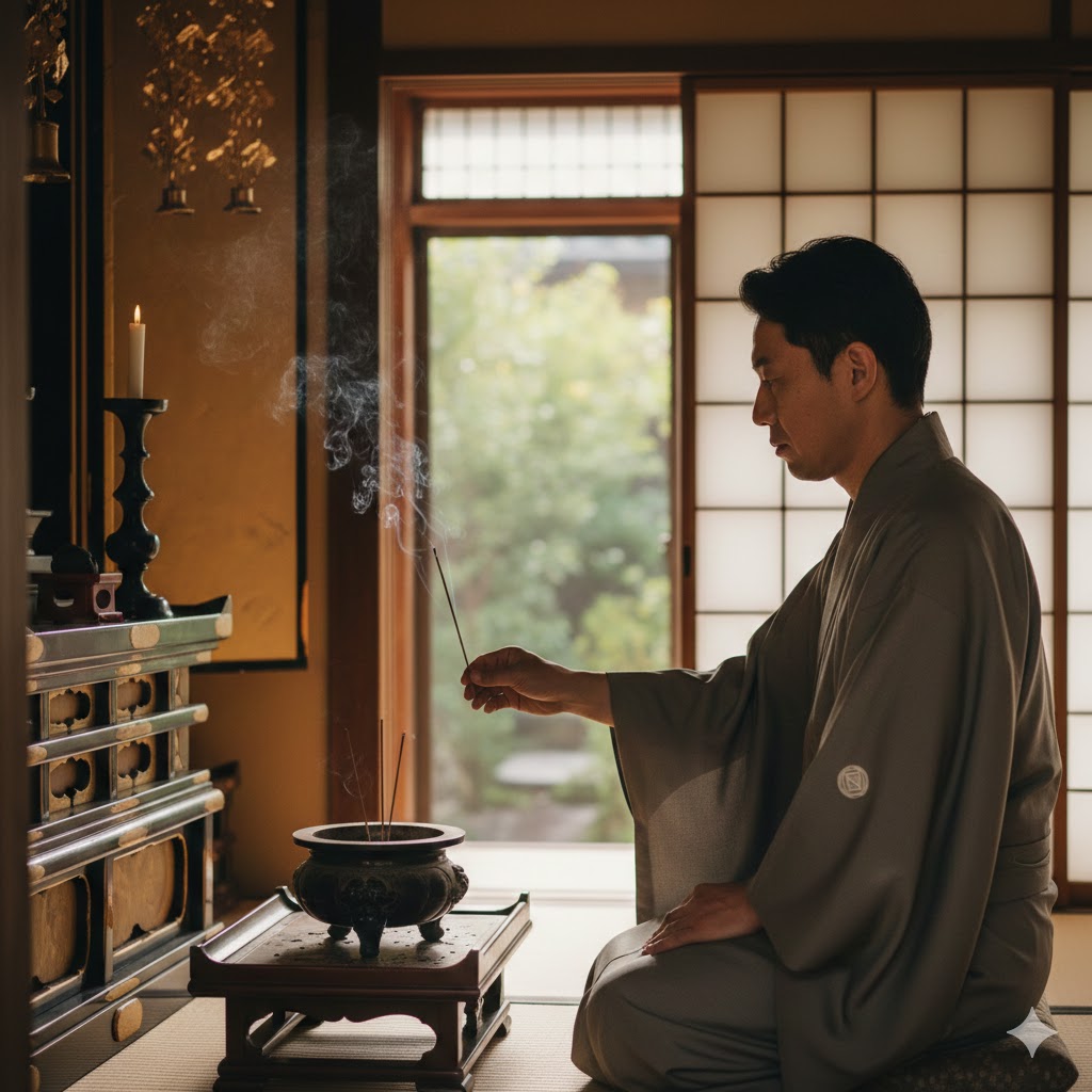 日本人男性の仏壇での線香作法